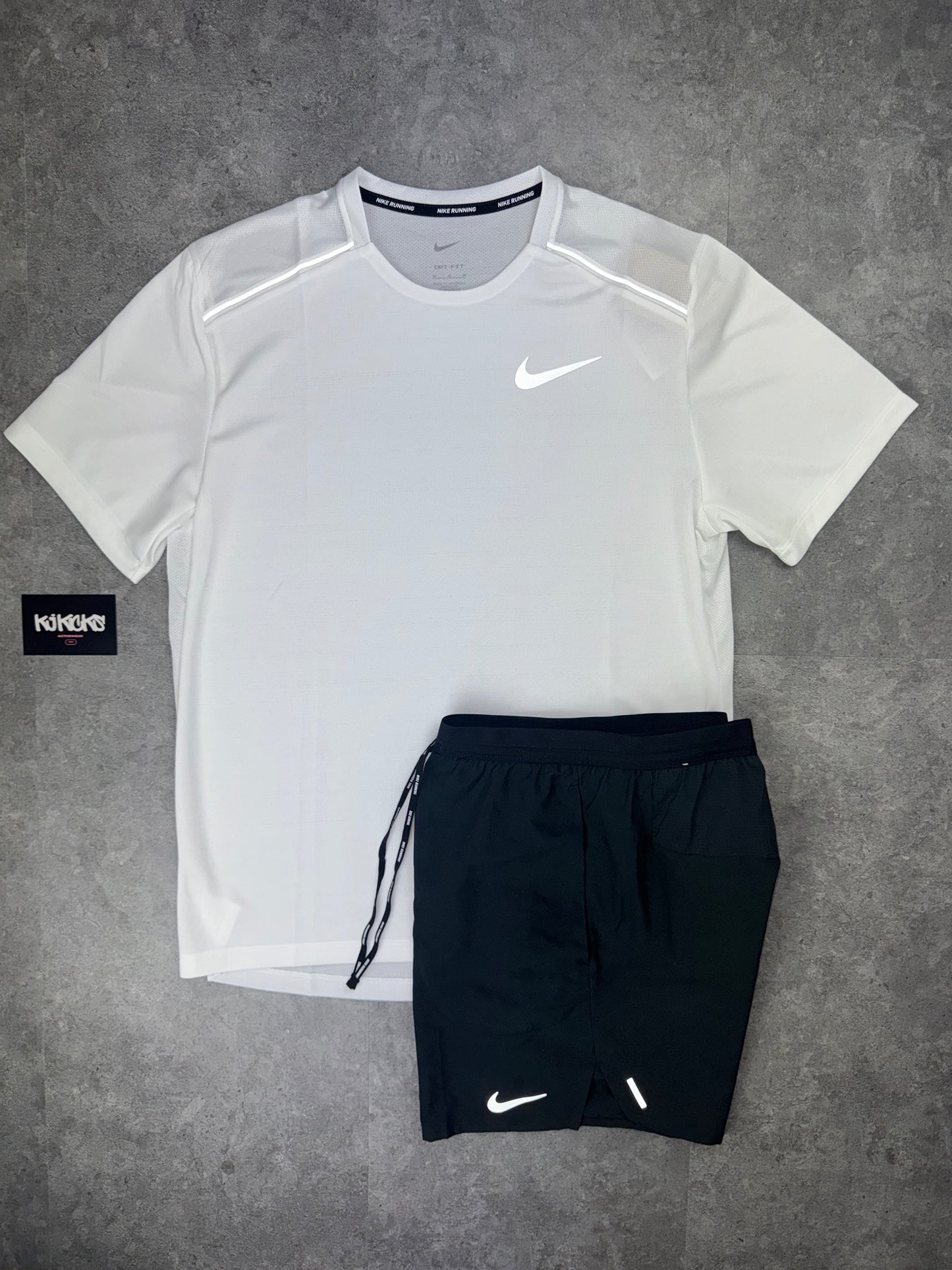 White Nike Miler & Black 7inch Flex Stride shorts